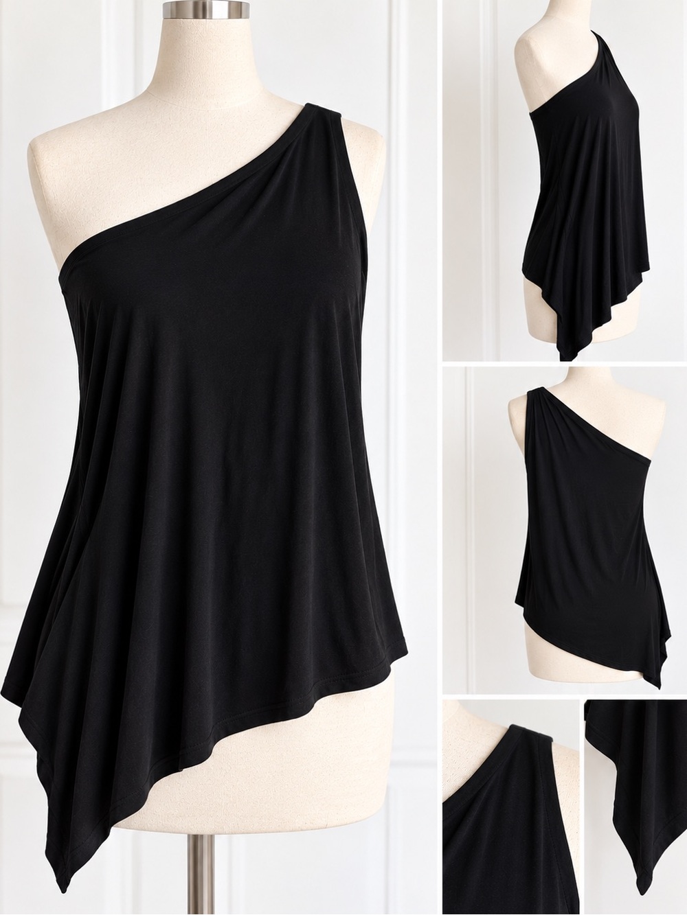 Cable & Gauge One-Shoulder Black Asymmetrical Tank